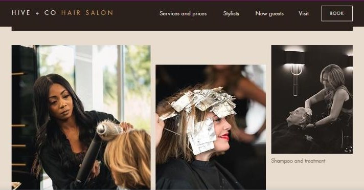 The Hive + Co Hair Salon website we built, with the salon menu and photo gallery.